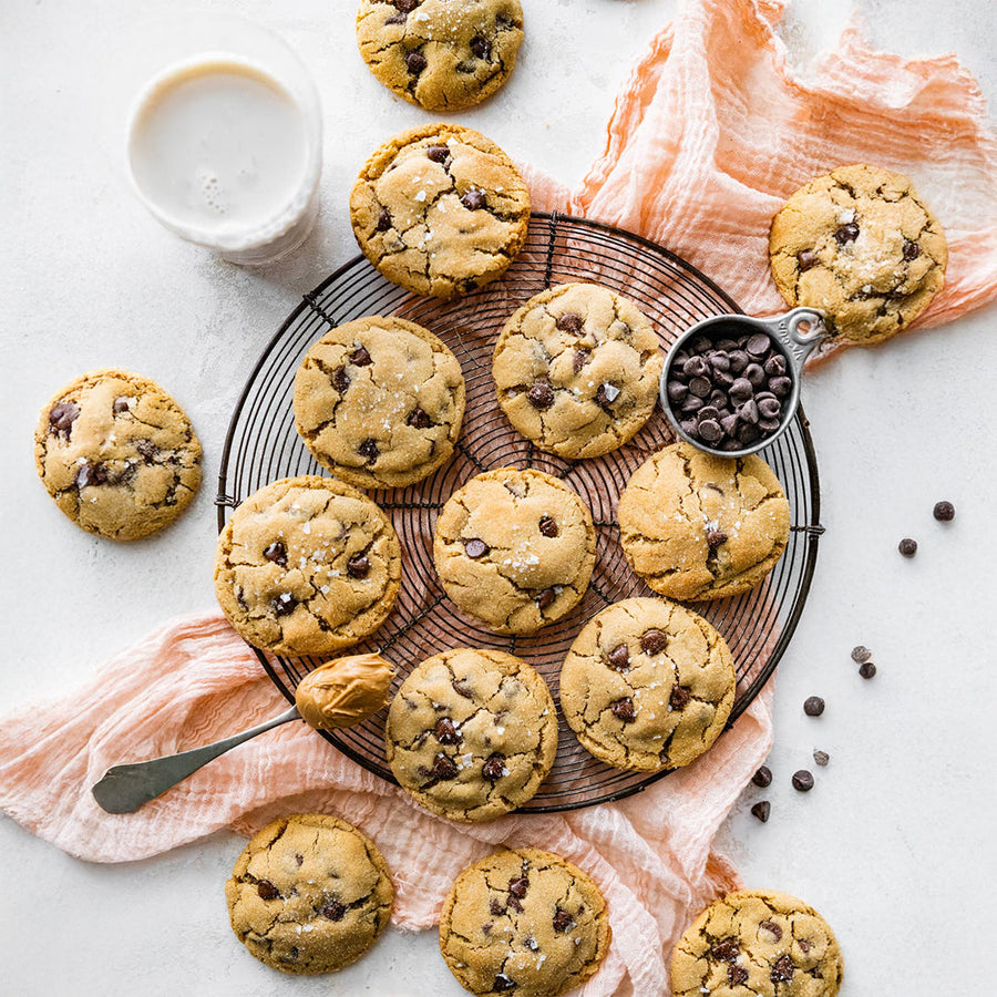 Peanut butter chocolate chip cookies on a cooling rack