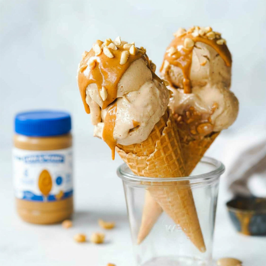 Scoops of peanut butter ice cream in a bowl