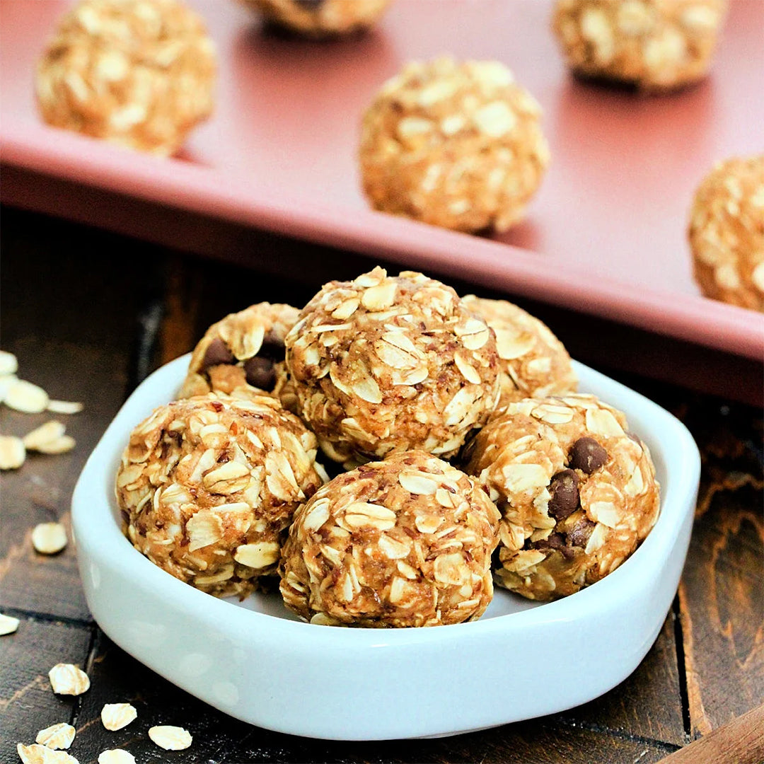 Peanut butter oat energy balls on a plate