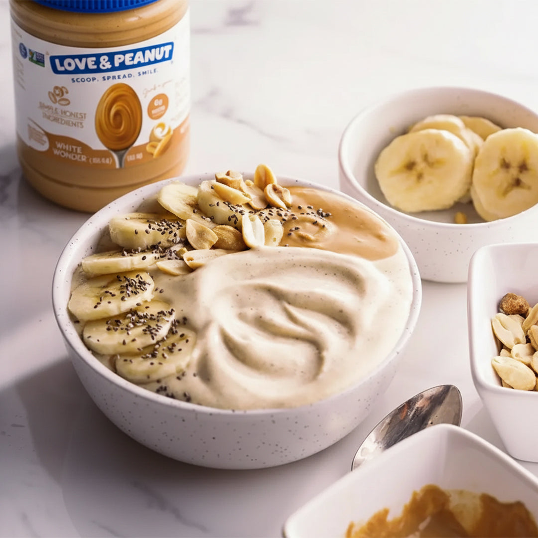 Peanut butter smoothie bowl with banana and granola toppings